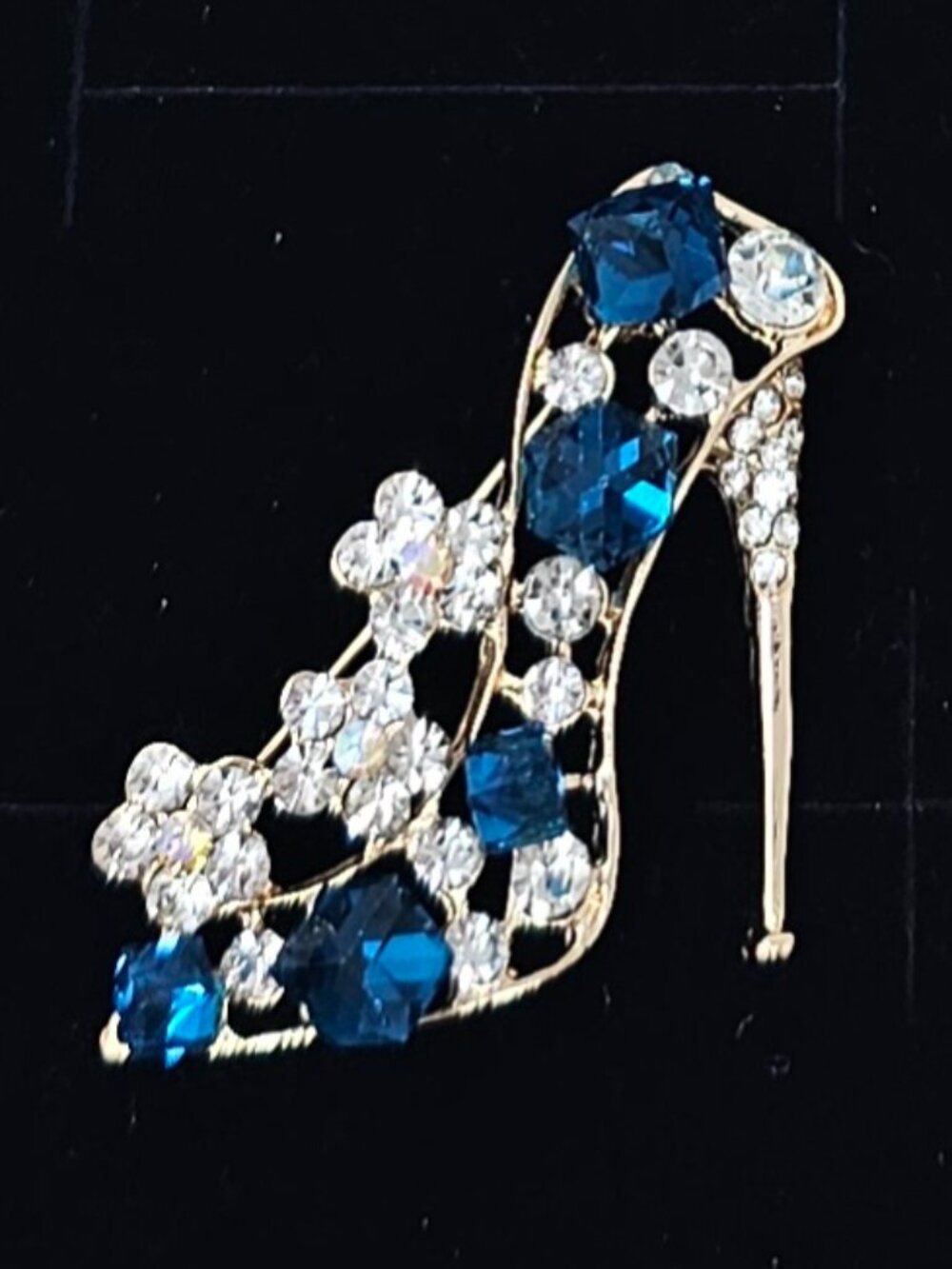 Rhinestone High Heel Shoe Brooch Pin Blue Gold Toned